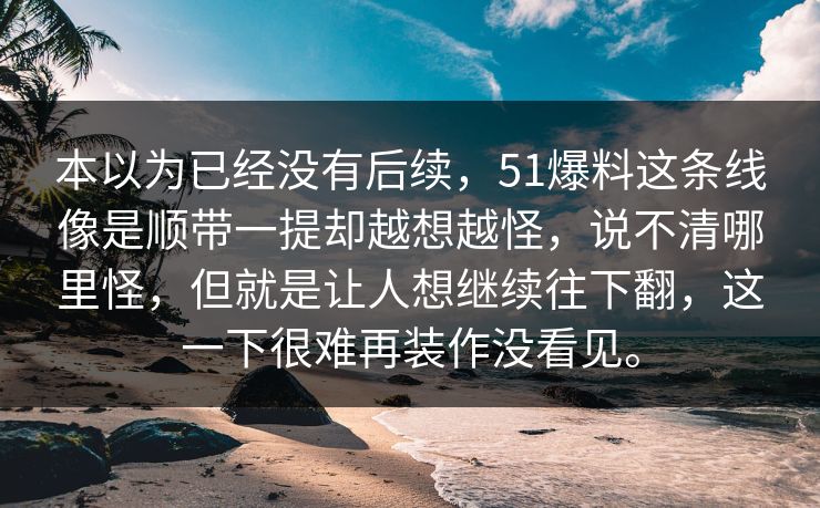 本以为已经没有后续，51爆料这条线像是顺带一提却越想越怪，说不清哪里怪，但就是让人想继续往下翻，这一下很难再装作没看见。